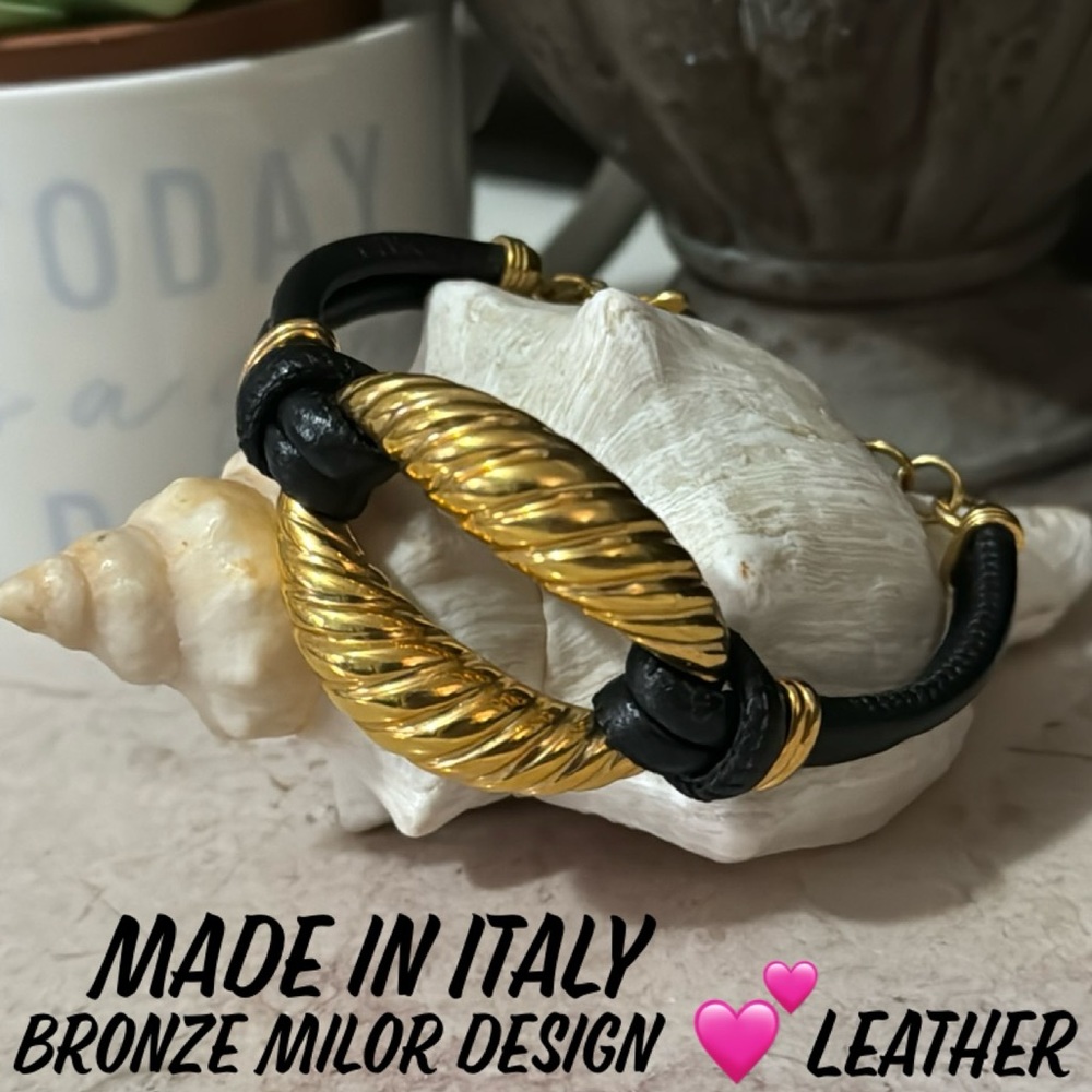 Made in Italy-Bronze Milor Design-Leather Bracelet-Gold Accent-Like New
